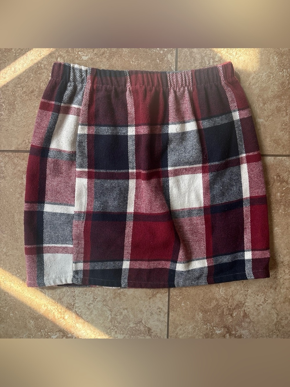 SHEIN Burgundy Navy and Cream Plaid Elastic-Waist Mini Skirt